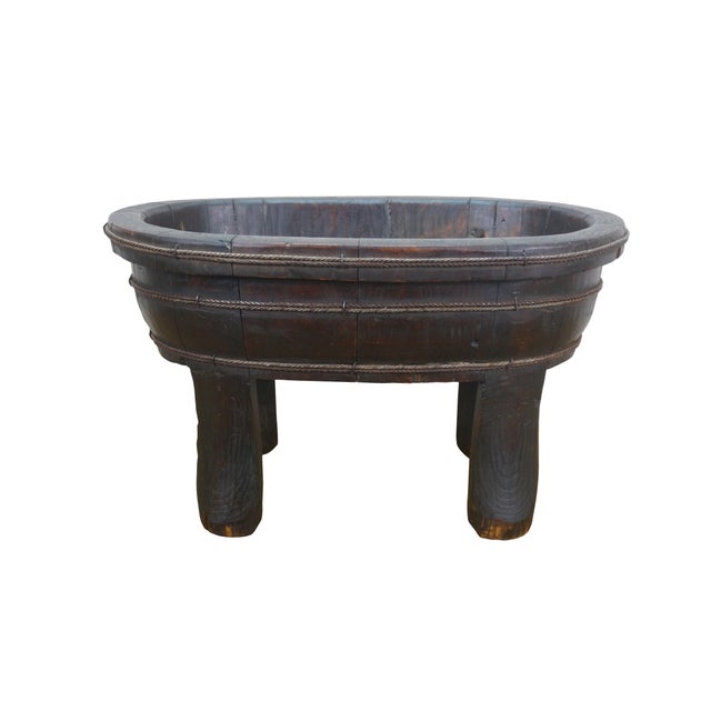 Rustic Chinese Chinoiserie wooden laundry tub/wash basin/planter - oval shape with slatted barrel-like sides, supported on...