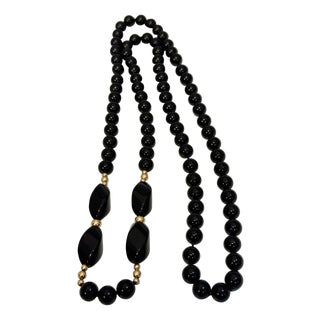 Round 8 MM Bead Black Onyx & 14 Karat Gold Bead Necklace 32 Inch Long For Sale
