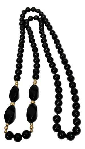 Round 8 MM Bead Black Onyx & 14 Karat Gold Bead Necklace 32 Inch Long