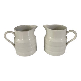 Pair Antique English Ironstone Dairy Banded Pitchers For Sale