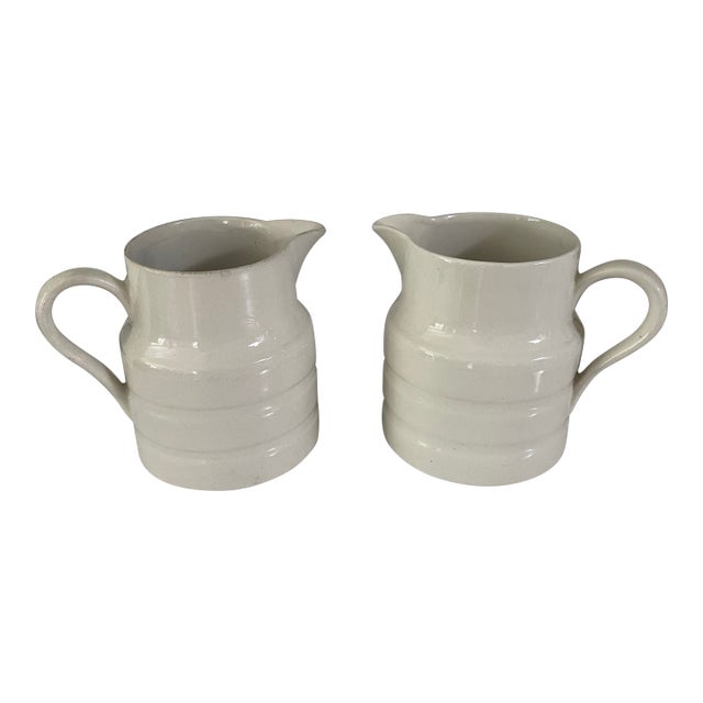 Pair Antique English Ironstone Dairy Banded Pitchers For Sale