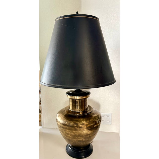1970's Oversized Gold Brass and Black Wood Lamp With Black Shade in the Style of Ralph Lauren For Sale In Palm Springs - Image 6 of 13