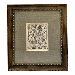 Flower Filled Vase, Framed Grayscale Monochromatic Original Watercolor and Ink, Artist Uknown