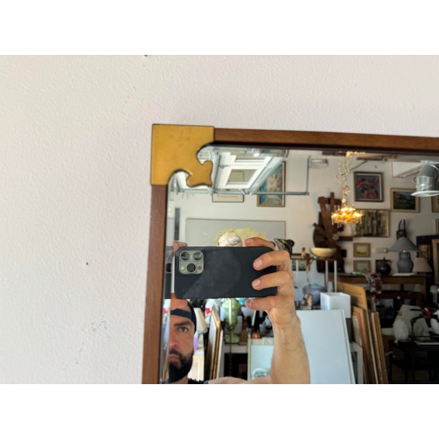 Asian 70's Vintage Asian Style Wood and Accent Brass Wall Mirror For Sale - Image 3 of 11