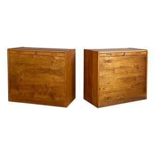 Mid-Century Modern German Archive Cabinets in Wood with Shutter Opening, 1940s, Set of 2 For Sale