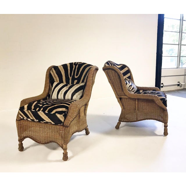 Vintage Ralph Lauren Wicker Wingback Chairs Restored in Zebra Hide a