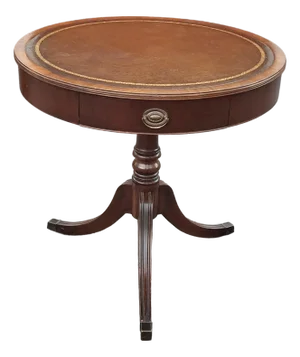 Georgian Style Mahogany and Tooled Leather and Stenciled Top Drum Table C. 1930s