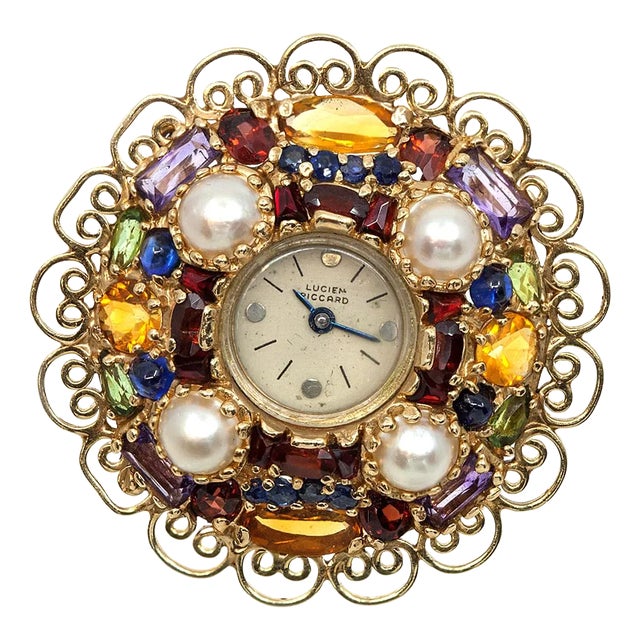 1950s Vintage Lucien Piccard 14k Pearl Multi-Color Gemstone Watch Brooch For Sale