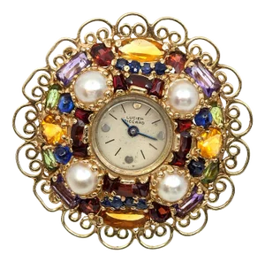 1950s Vintage Lucien Piccard 14k Pearl Multi-Color Gemstone Watch Brooch
