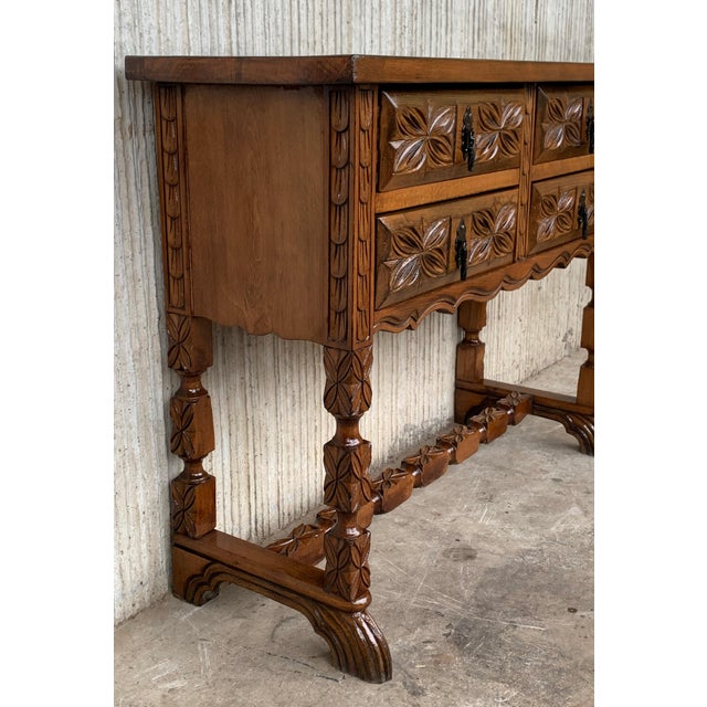 Early 20th Century 19th Century Catalan Spanish Carved Walnut Console Sofa Table, Four Drawers For Sale - Image 5 of 18
