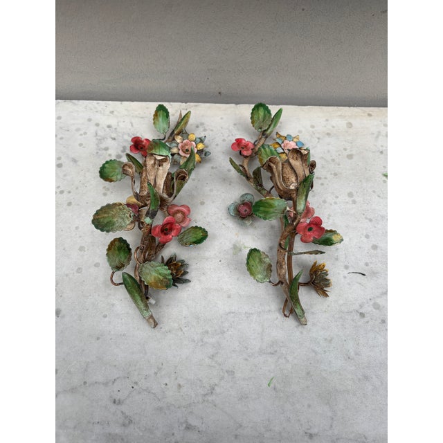 French Small Pair of Wrought Iron Flowers Sconces For Sale - Image 4 of 4