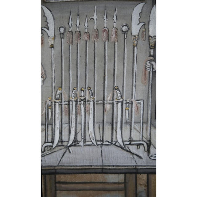 Brown 19th Century Painting of Men in Armory in Gilt Burl Frame, from Laos or Thailand For Sale - Image 8 of 9