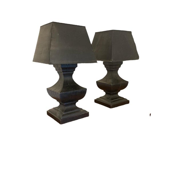 Large French Hand Carved Table Lamps in Ebonsied Wood with Black Rustic Metal Shades, Set of 2 For Sale - Image 13 of 14