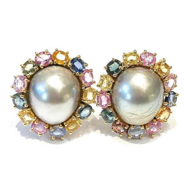 Bochic "Orient" Vintage Pearl & Multi Fancy Sapphire Earrings Set 18K Gold&Silver For Sale - Image 4 of 18