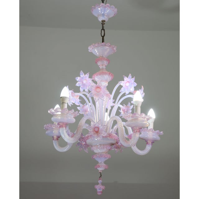 Italian 1960s Extraordinary Murano Glass Chandelier Adorned With Pink Flowers For Sale - Image 3 of 15