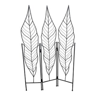 1970s Three-Panel Metal Folding Room Divider Screen With Leaf Motif For Sale