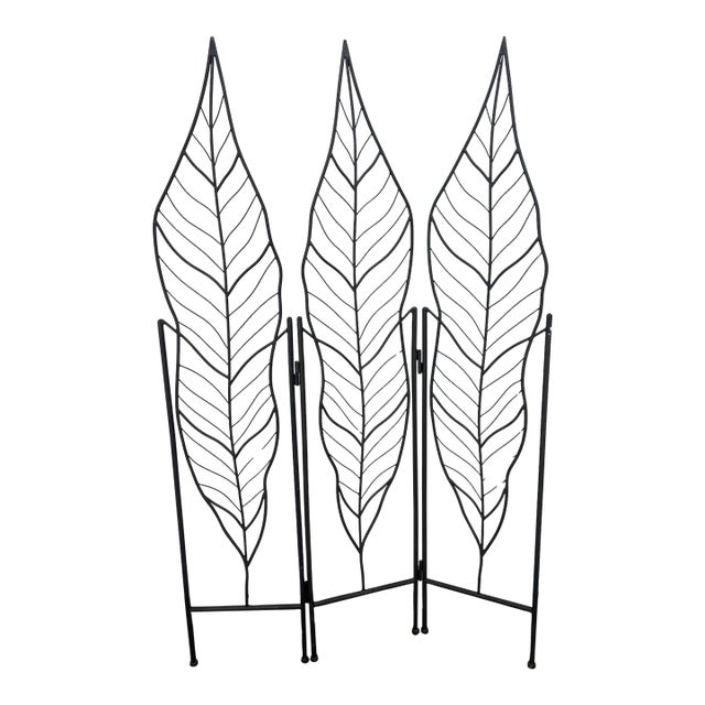 1970s Three-Panel Metal Folding Room Divider Screen With Leaf Motif For Sale