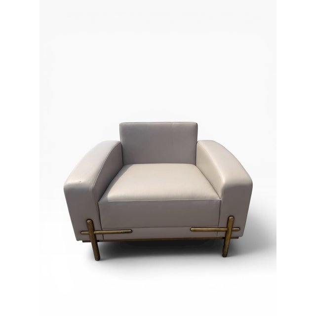 Taupe Theodore Alexander Contemporary Taupe Leather Lounge Chair With Brass Accents For Sale - Image 8 of 16
