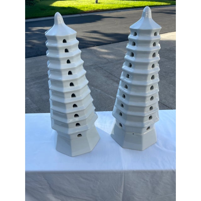 PORCELAIN WHITE PAGODAS with hollow out for candles .Great for mantal, outside patio, dining table. MAKE A...