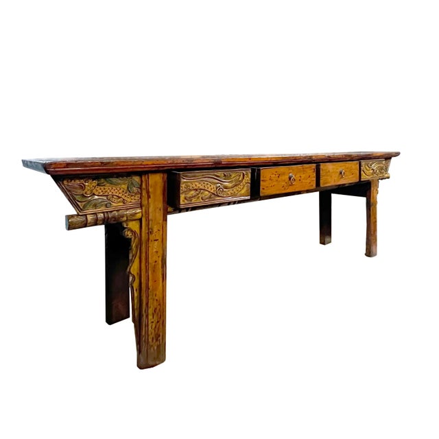 Chinese Chinese Vintage Distressed Orange Drawers Long Console Foyer Altar Table For Sale - Image 3 of 8