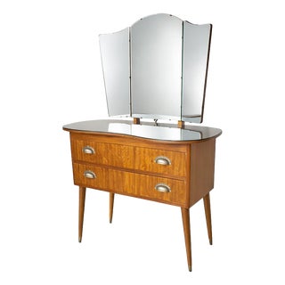 Vintage Walnut Dressing Table with Tri-Fold Mirror For Sale