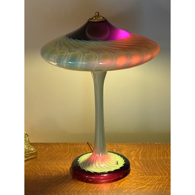Description Signed Joseph Clearman Art Nouveau Style Hand-Blown Glass Table Lamp from Swallowtail Studio. Measures 26.5"...