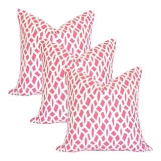 Schumacher Chain Link Cerise 17" Square Pillows With Feather Down Inserts - Set of 3 For Sale