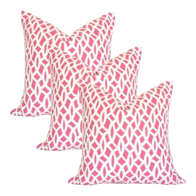 Schumacher Chain Link Cerise 17" Square Pillows With Feather Down Inserts - Set of 3 For Sale