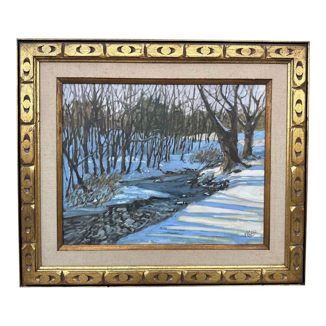 Large Framed Winter Landscape Monica Cascio Oil Painting “Dalton’s Creek” Texas For Sale