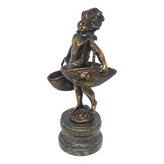 Suzanne Bizard, Child with Two Baskets, 1890s, Bronze and Marble For Sale