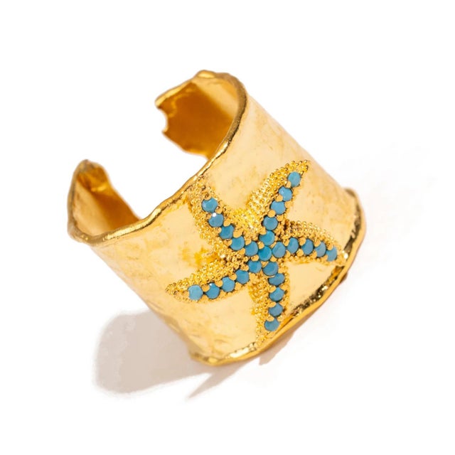 Coastal Turquoise Starfish Gold Adjustable Cuff Ring, Size 8 For Sale - Image 3 of 9
