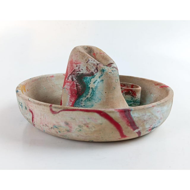 Vintage early 20th century Meyer Pottery San Antonio,Texas ashtray circa 1930s. Swirl glaze, funky sombrero cowboy hat...
