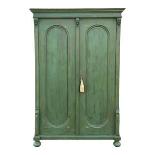 Early 20th-C. French Green Painted & Carved Pine Armoire / Linen Press / Storage / Wardrobe For Sale