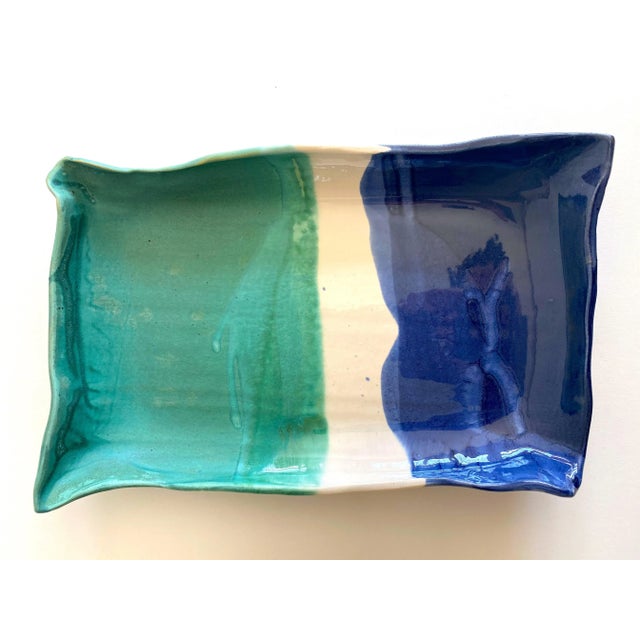 Vintage 1997 Contemporary Organic Modernist Studio Pottery Drip Glaze Colorblock Artisan Ceramic Serving Platter For Sale - Image 13 of 13