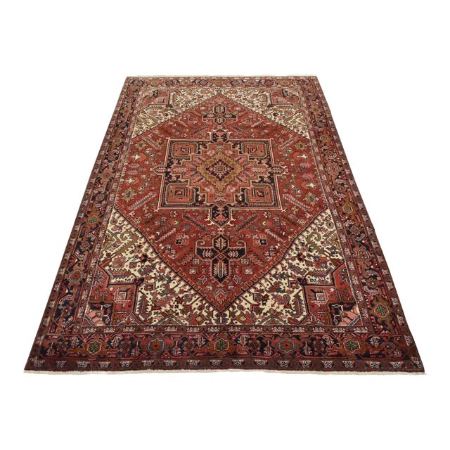 Heriz Rug 7’10” X 10’6” Red Wool Vintage Tribal Hand-Knotted Oriental Carpet For Sale