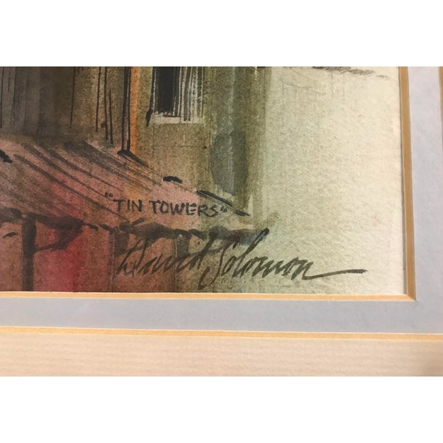 American 1970's Watercolor Painting by American Listed Artist David Solomon "Tin Towers" With Certificate of Authenticity For Sale - Image 3 of 10