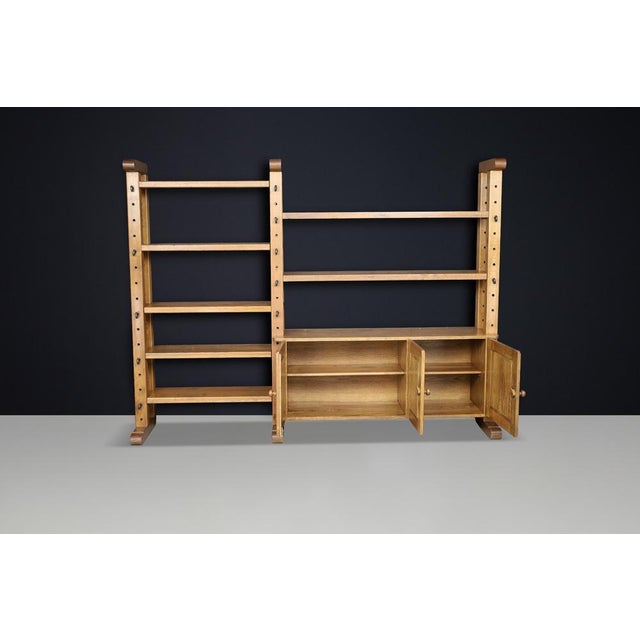 Large Brutalist Modular Shelving Unit in Oak with Metal Pegs and Cabinet, Belgium, 1960 For Sale - Image 16 of 17