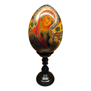 Hand-Painted Gilded Icon Egg on Wood (With Stand)