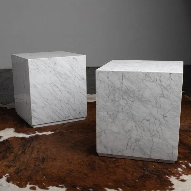 Pair of exceptional and special c. 1960 custom architect designed, artisan made polished Italian Carrara marble cube side...