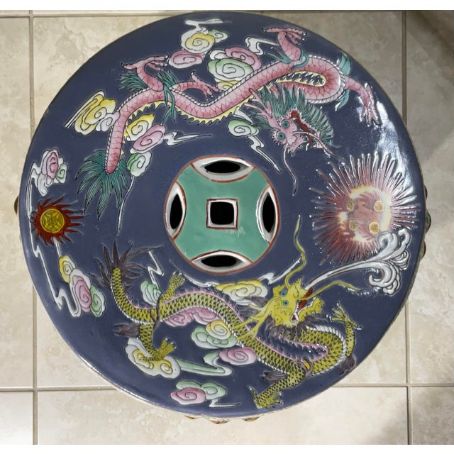 White Exquisite Vintage Chinese Famille Rose Porcelain Garden Seat With Dragon Motif For Sale - Image 8 of 12