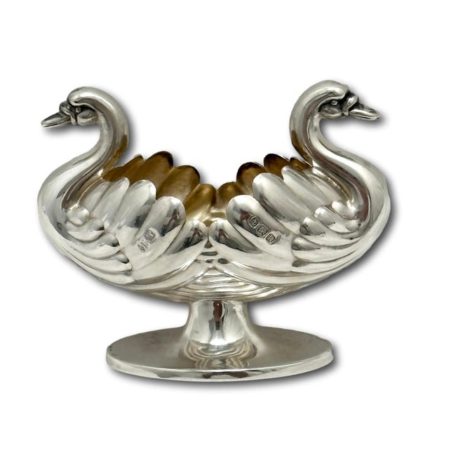 Antique Circa 1909 Birmingham England Sterling Silver Swans Motif Open Salt Cellars & Matching Spoons Set For Sale - Image 11 of 12