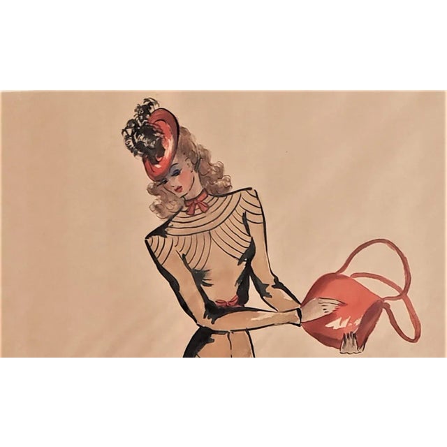 Mid-Century Modern Matted Large Original Mid-Century French Couture Sport Fashion Drawing For Sale - Image 3 of 6