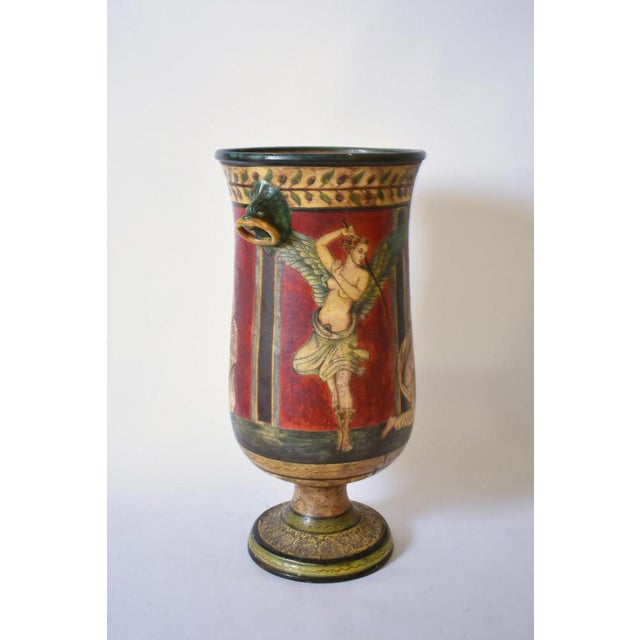 Neoclassical polychrome baluster vase, 1970s. Antique-style terracotta vase on a baluster base, decorated with relief...
