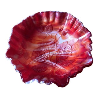 Mid 20th Century Red Rose Marbled Slag Glass Centerpiece Bowl For Sale