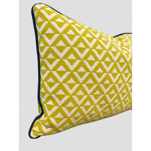 Contemporary Yellow Geometric Blue Cord Lumbar Pillow Pair For Sale - Image 3 of 8