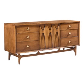 Broyhill Brasilia Mid Century Walnut and Brass Lowboy 9 Drawer Dresser For Sale