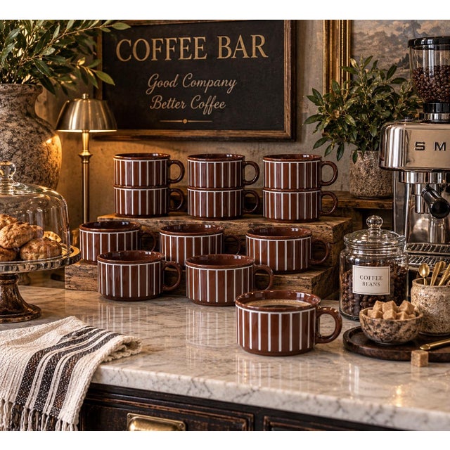 Ceramic Vintage Curzon Brown & White Pinstripe Ceramic Coffee, Hot Chocolate, or Soup Mugs, Set of 10 For Sale - Image 7 of 7