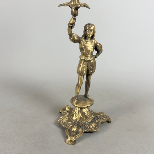Renaissance Revival Brass Candelabras with Noble Figures, 1960s, Set of 2 For Sale - Image 11 of 15