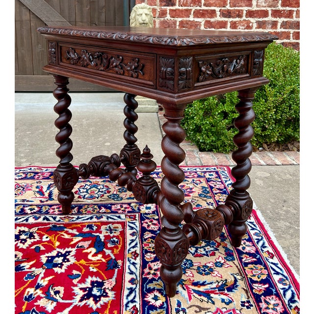 Antique French Desk Writing Table Nightstand Petite W/ Drawer Barley Twist Oak For Sale In Dallas - Image 6 of 12