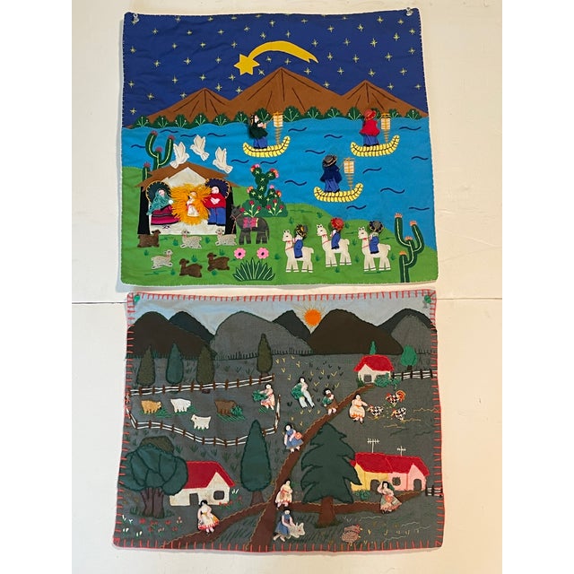Collectible textile art- handmade textile appliqués colorful Lanscape scenes with people. Ethnographic textiles art from...